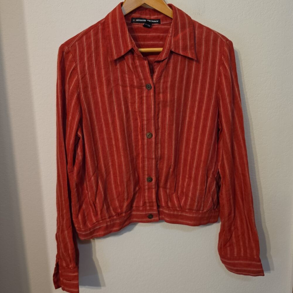 Vintage Company Ellen Tracy 100% Linen Button Down Jacket Women's 12 Red Stripe